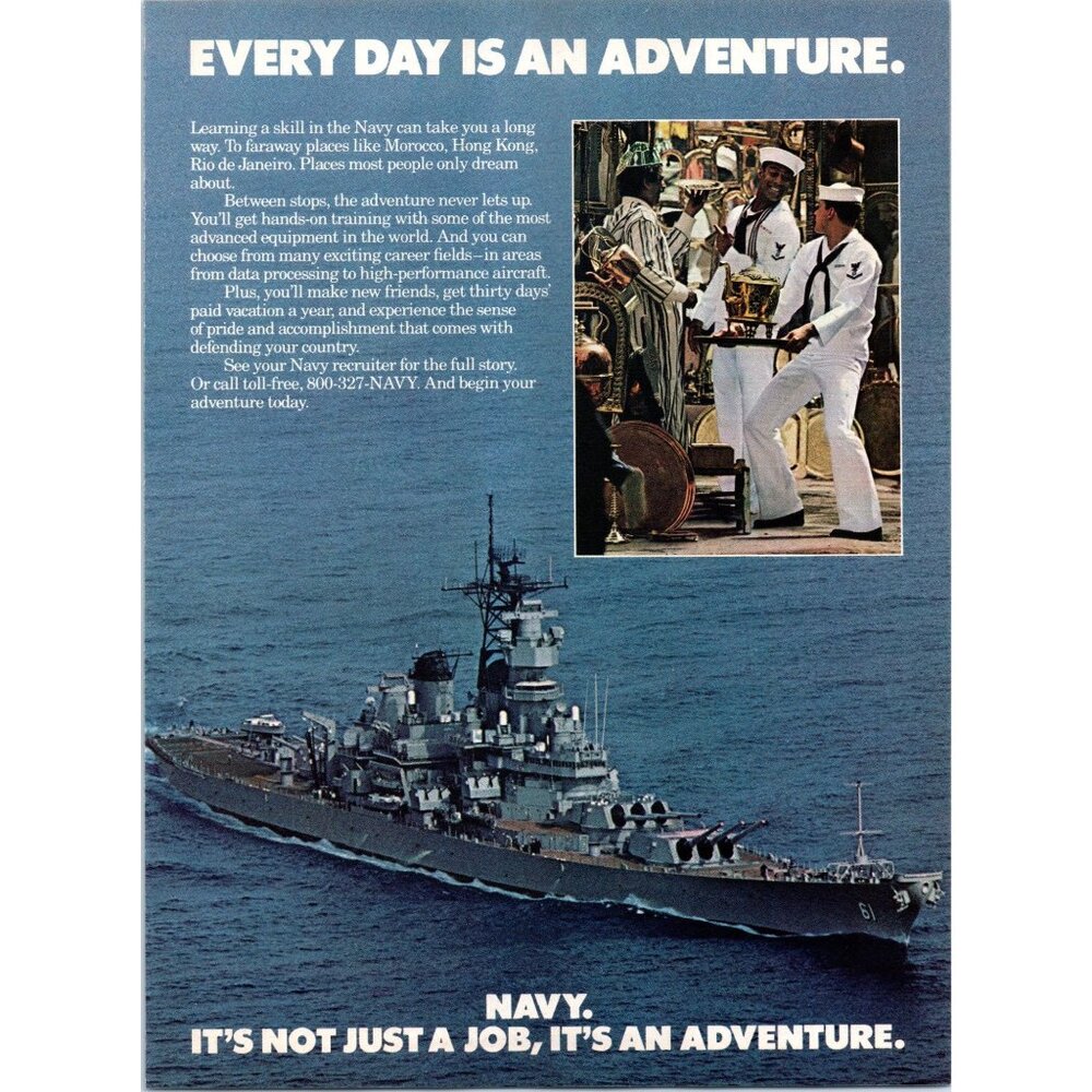 1986 US Navy Recruiter Recruiting Vintage Print Ad Sailors Morrocco Wall Art